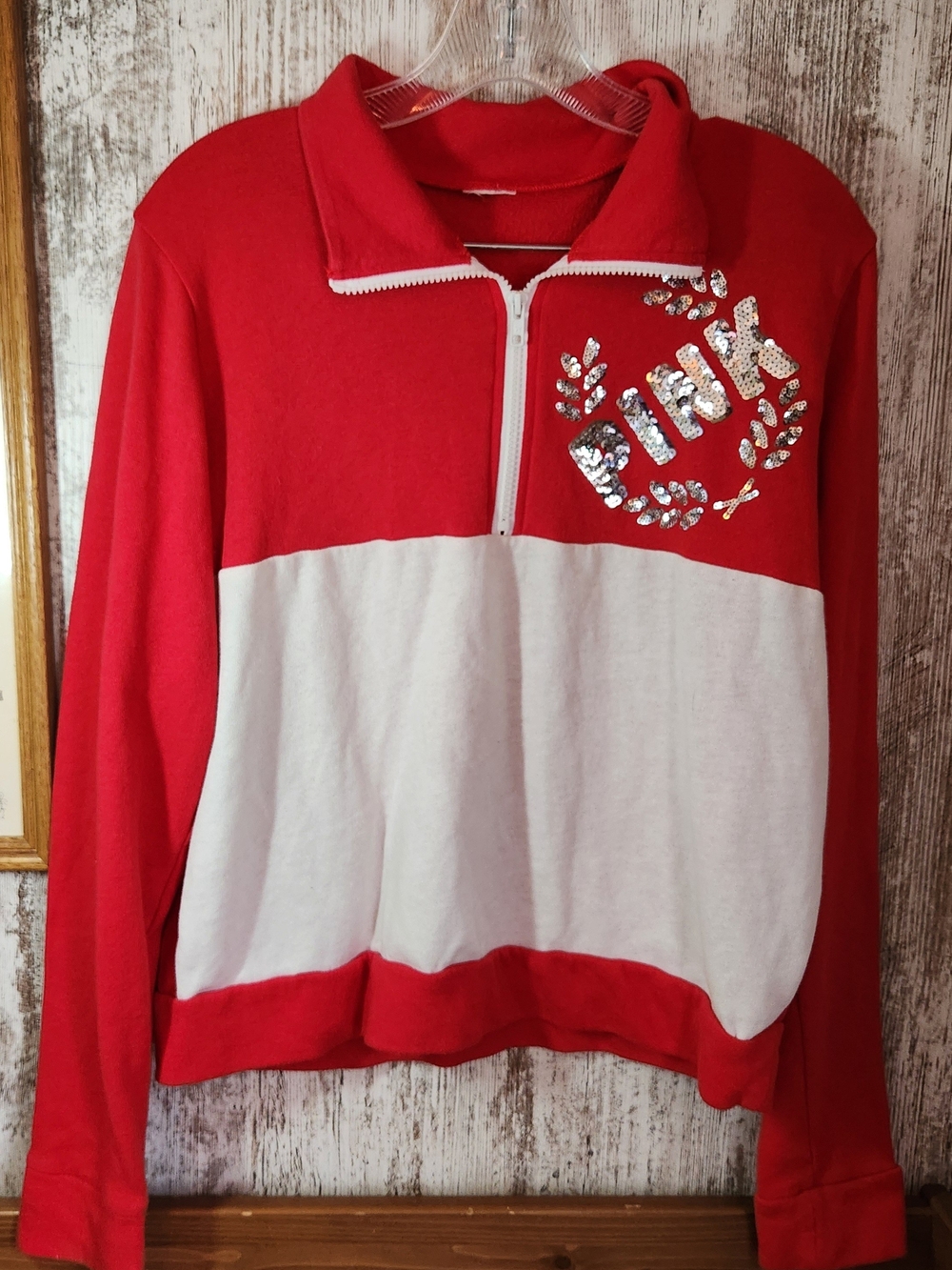 PINK Victoria's Secret Red and White Half-Zip Pullover with Sequin Logo Bling